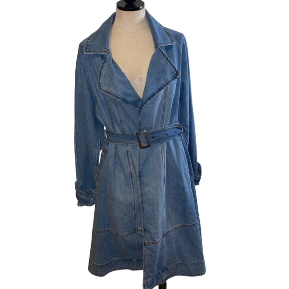 Habitual Womens Coat Size Small Blue Denim Trench Belted Pockets Raglan - Picture 1 of 10